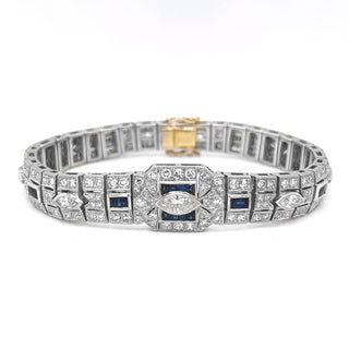 Natural Diamond with Blue Sapphire Art Deco Cocktail Platinum Bracelet