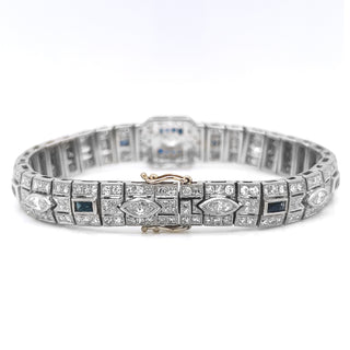 Natural Diamond with Blue Sapphire Art Deco Cocktail Platinum Bracelet