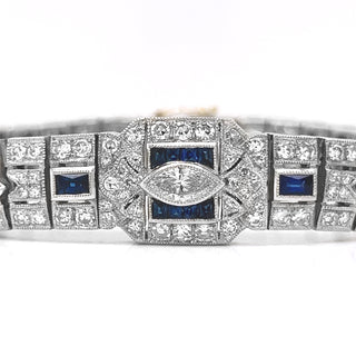 Natural Diamond with Blue Sapphire Art Deco Cocktail Platinum Bracelet