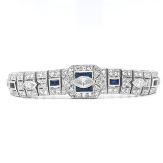 Natural Diamond with Blue Sapphire Art Deco Cocktail Platinum Bracelet