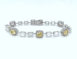 Natural Mined Cushion Cut Fancy Yellow Diamond with Natural Mind Emerald Cut Diamond Link Bracelet White Gold GIA Certified