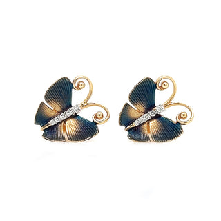 Natural Mined Diamond Butterfly Cocktail Earring Studs Yellow Gold