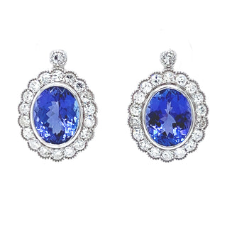 Natural Tanzanite Diamond Halo Cocktail Earrings, in  White Gold