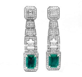 Natural Mined Emerald Cut Green Emerald with Natural Mined Diamond Halo Cocktail Drop Dangle Earrings White Gold