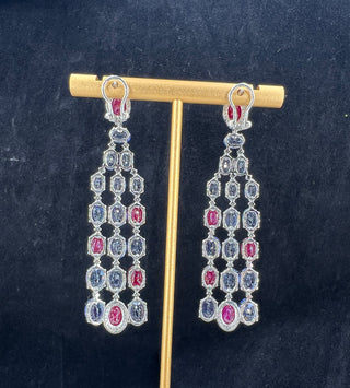 Natural Tanzanite, Rubies and Diamond Dangle Cocktail Earrings, in White Gold