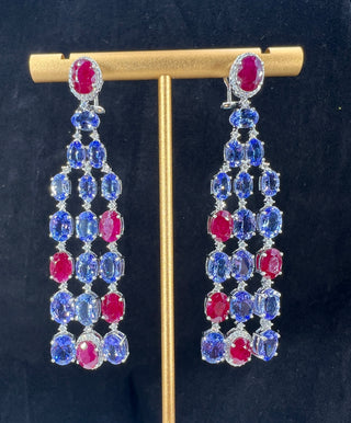 Natural Tanzanite, Rubies and Diamond Dangle Cocktail Earrings, in White Gold