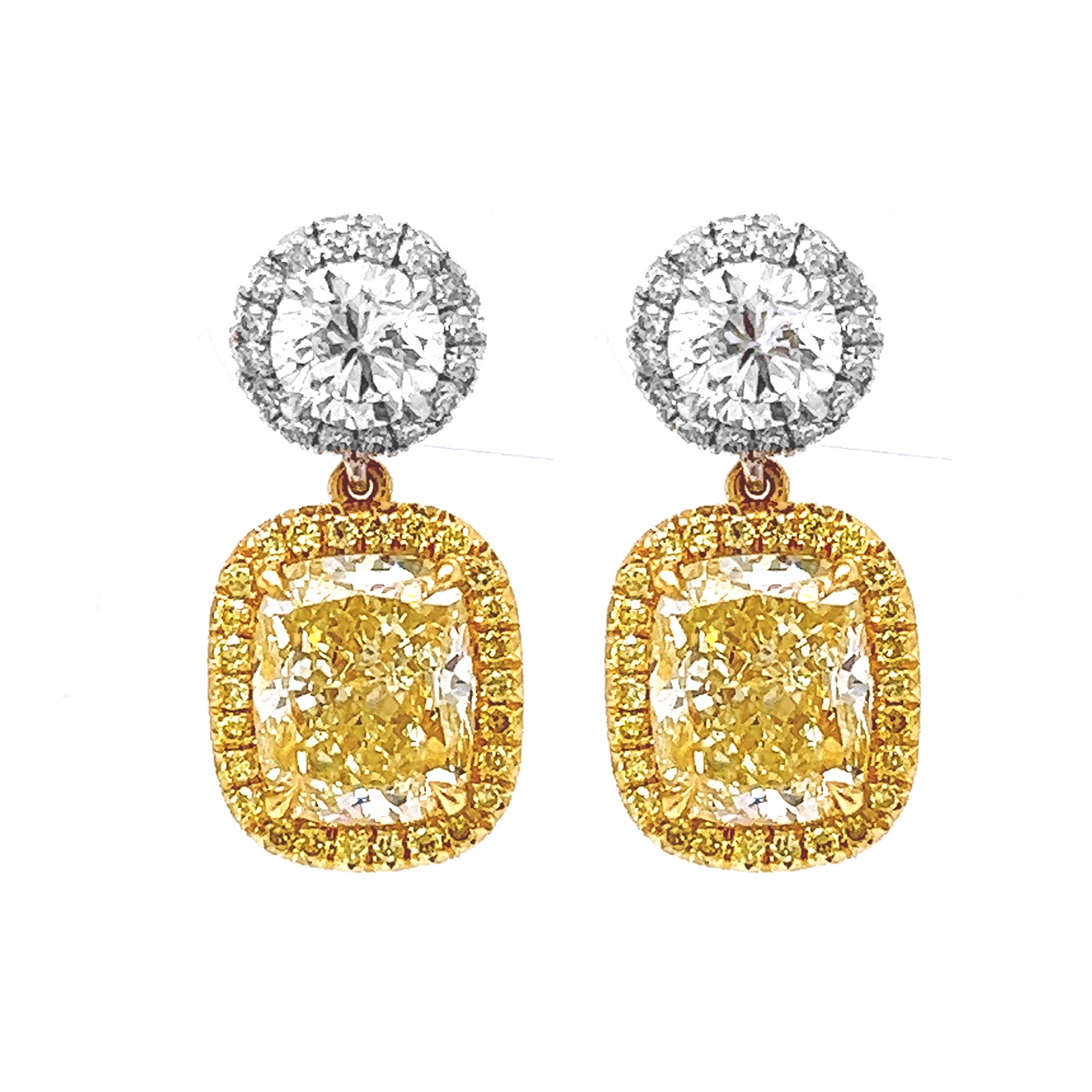 4.42 Carat Natural Mined Fancy Yellow Diamond Halo Earrings 18KT White Gold