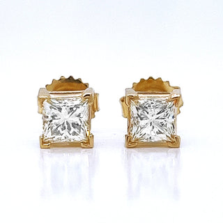 Natural Princess Diamond Earring Studs, in Yellow Gold