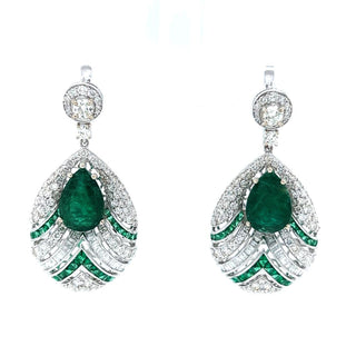 Natural Mined Pear Shaped Green Emerald and Natural Mined Diamond Halo Cocktail Earrings AGL Certified White Gold