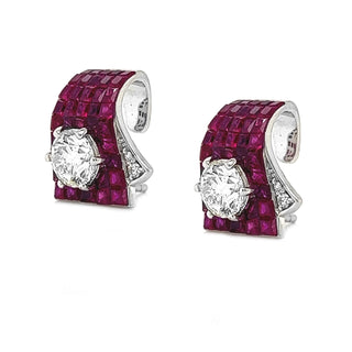 Natural Round Diamond Ruby Halo Earrings, in White Gold