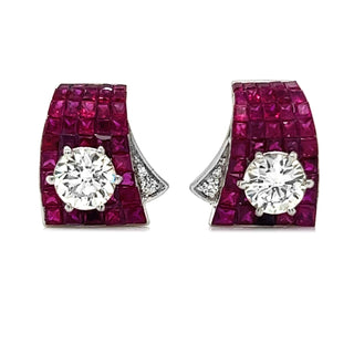 Natural Round Diamond Ruby Halo Earrings, in White Gold