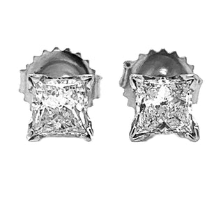 1 Carat Natural Mined Princess Diamond Earring Studs 14KT White Gold