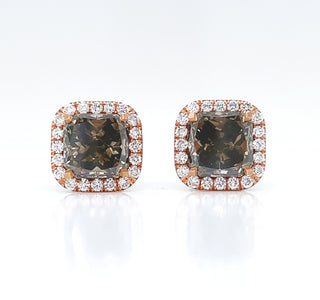 Natural Fancy Radiant Diamond Halo Earrings, in Rose Gold