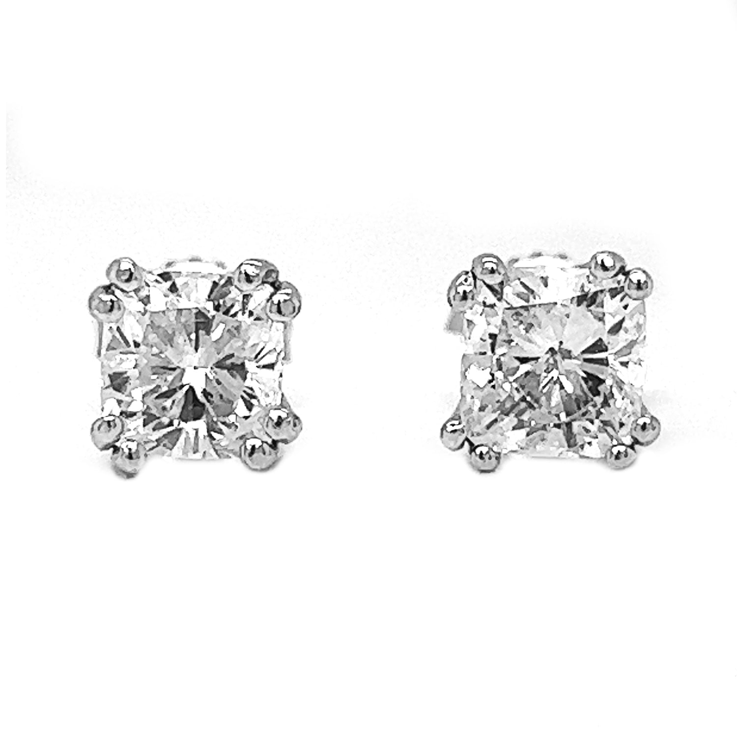 3.08 Carat Natural Mined Cushion Diamond 14KT White Gold Stud Earrings