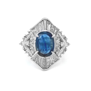 Natural Mined Blue Sapphire Oval Cut and Diamond Cluster Platinum AGL Certified Ring