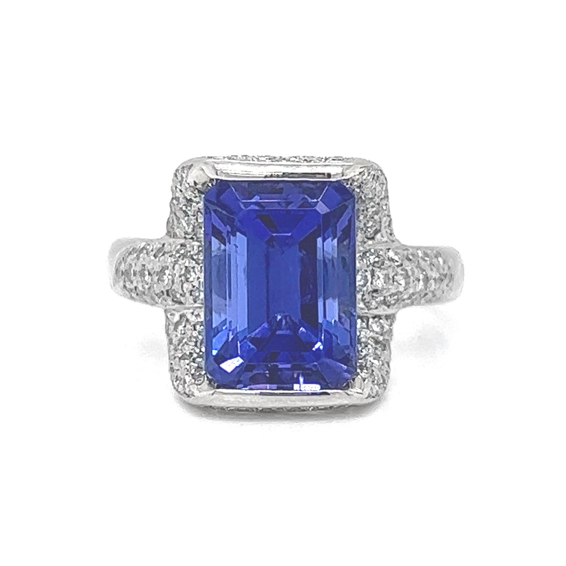 Natural Radiant Tanzanite and Natural Mined Round Diamond Platinum Radiant Ring