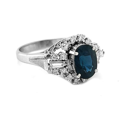 Natural Oval Blue Sapphire Cluster Art Deco Natural Mined Diamond Platinum Ring