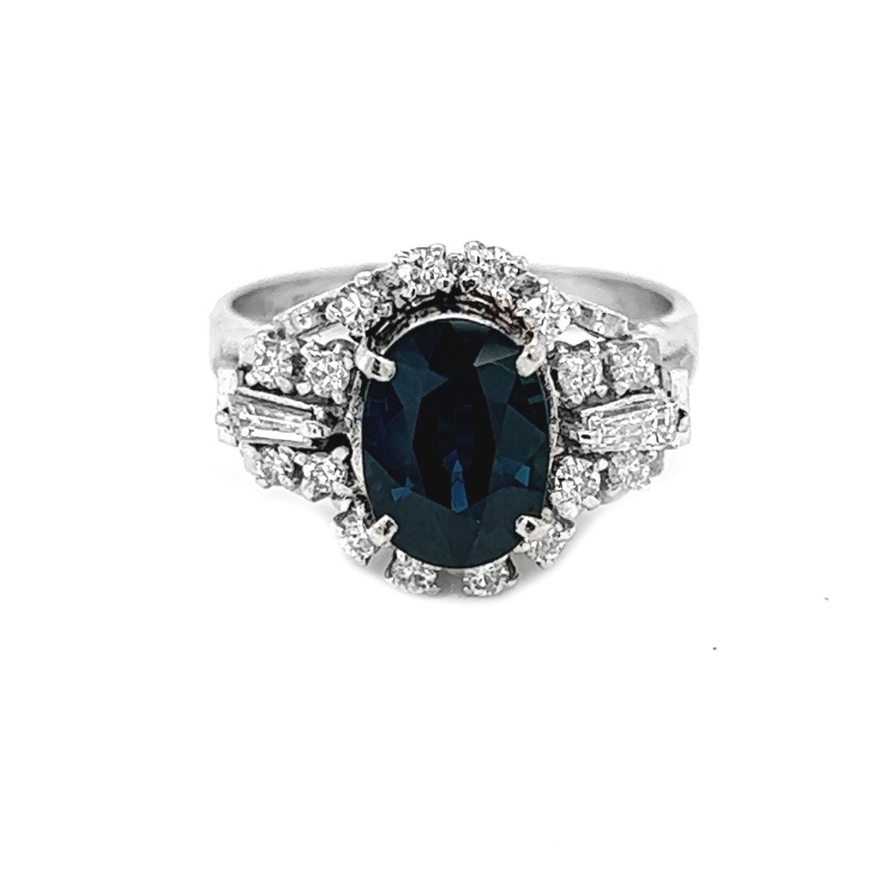 Natural Oval Blue Sapphire Cluster Art Deco Natural Mined Diamond Platinum Ring