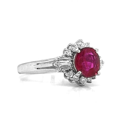 Natural Round Ruby Cluster Art Deco Halo Natural Mined Diamond Platinum Ring