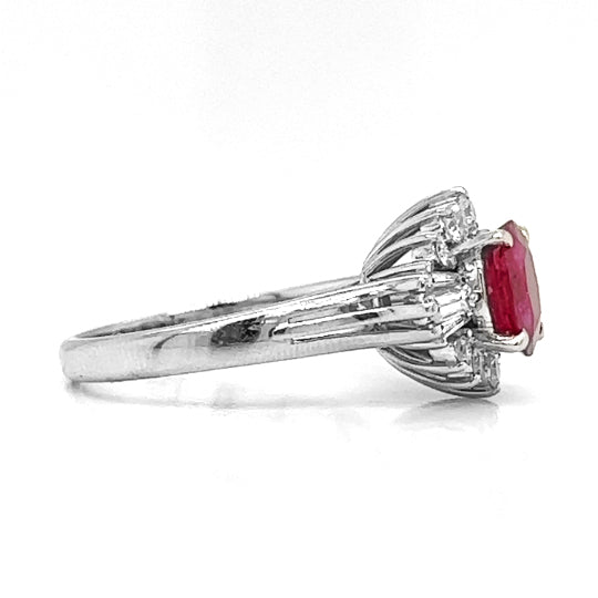 Natural Round Ruby Cluster Art Deco Halo Natural Mined Diamond Platinum Ring