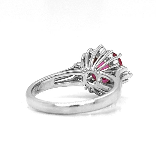 Natural Round Ruby Cluster Art Deco Halo Natural Mined Diamond Platinum Ring