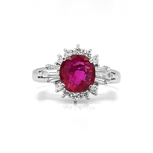 Natural Round Ruby Cluster Art Deco Halo Natural Mined Diamond Platinum Ring