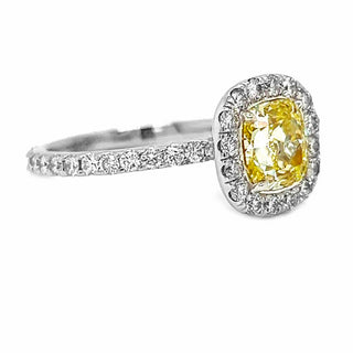 Natural Mined Cushion Cut Fancy Yellow Diamond Halo White Gold Ring GIA Certified