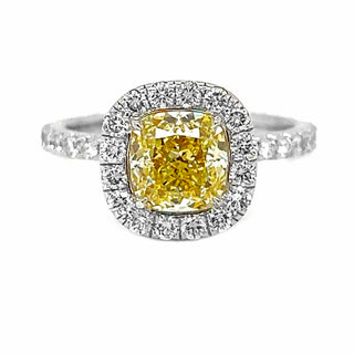 Natural Mined Cushion Cut Fancy Yellow Diamond Halo White Gold Ring GIA Certified