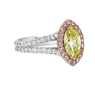 Natural Mined Marquise Cut Fancy Yellow with Natural Mined Pink Diamond Halo White Gold GIA Certified