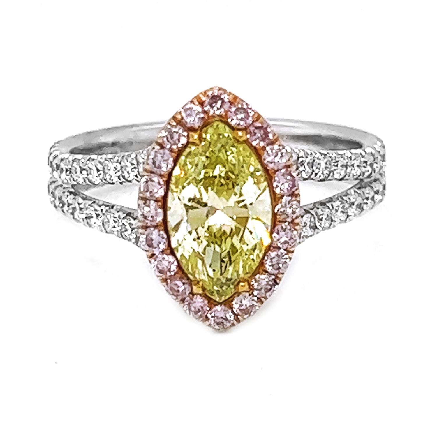 2.04 Carat Natural Mined GIA Certified Diamond Marquise Fancy Yellow 18KT White Gold