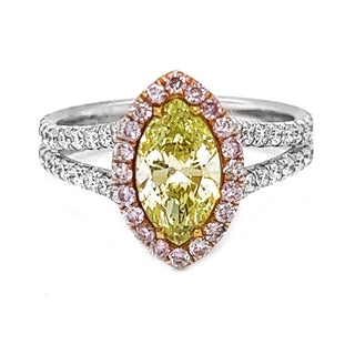 Natural Mined Marquise Cut Fancy Yellow with Natural Mined Pink Diamond Halo White Gold GIA Certified