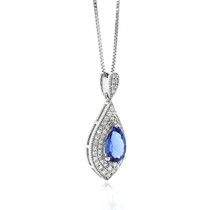 Natural Tanzanite and Natural Mined Diamond Cocktail Necklace Pendant White Gold