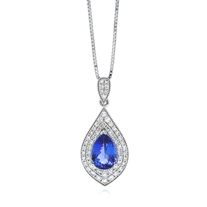 Natural Tanzanite and Natural Mined Diamond Cocktail Necklace Pendant White Gold