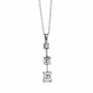 Natural Mined Princess Cut Diamond Three Stone Necklace Pendant White Gold