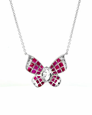 Natural GIA Certified Ruby and Diamond Butterfly Pendant, in White Gold