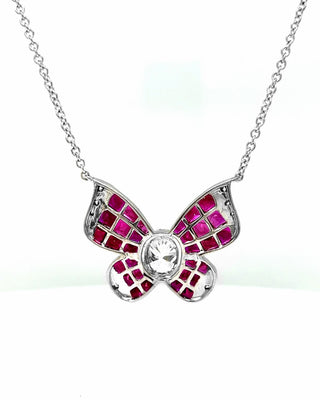 Natural Ruby and Diamond Butterfly Pendant, in White Gold