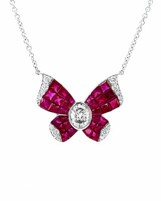 Natural Ruby and Diamond Butterfly Pendant, in White Gold