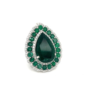 Natural Pear Cut Green Emerald with Natural Mined Diamond Halo Convertible to Pendant Ring White Gold AGL Cert