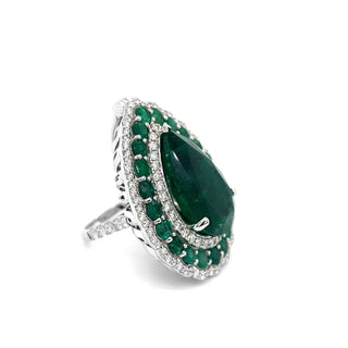 Natural Pear Cut Green Emerald with Natural Mined Diamond Halo Convertible to Pendant Ring White Gold AGL Cert