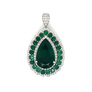 Natural Pear Cut Green Emerald with Natural Mined Diamond Halo Convertible to Pendant Ring White Gold AGL Cert