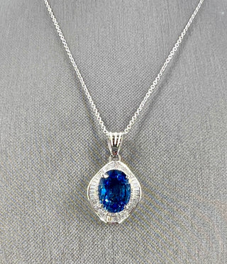 Natural Blue Cylon Sapphire with Diamond GIA Certified Halo Pendant Necklace, in Platinum