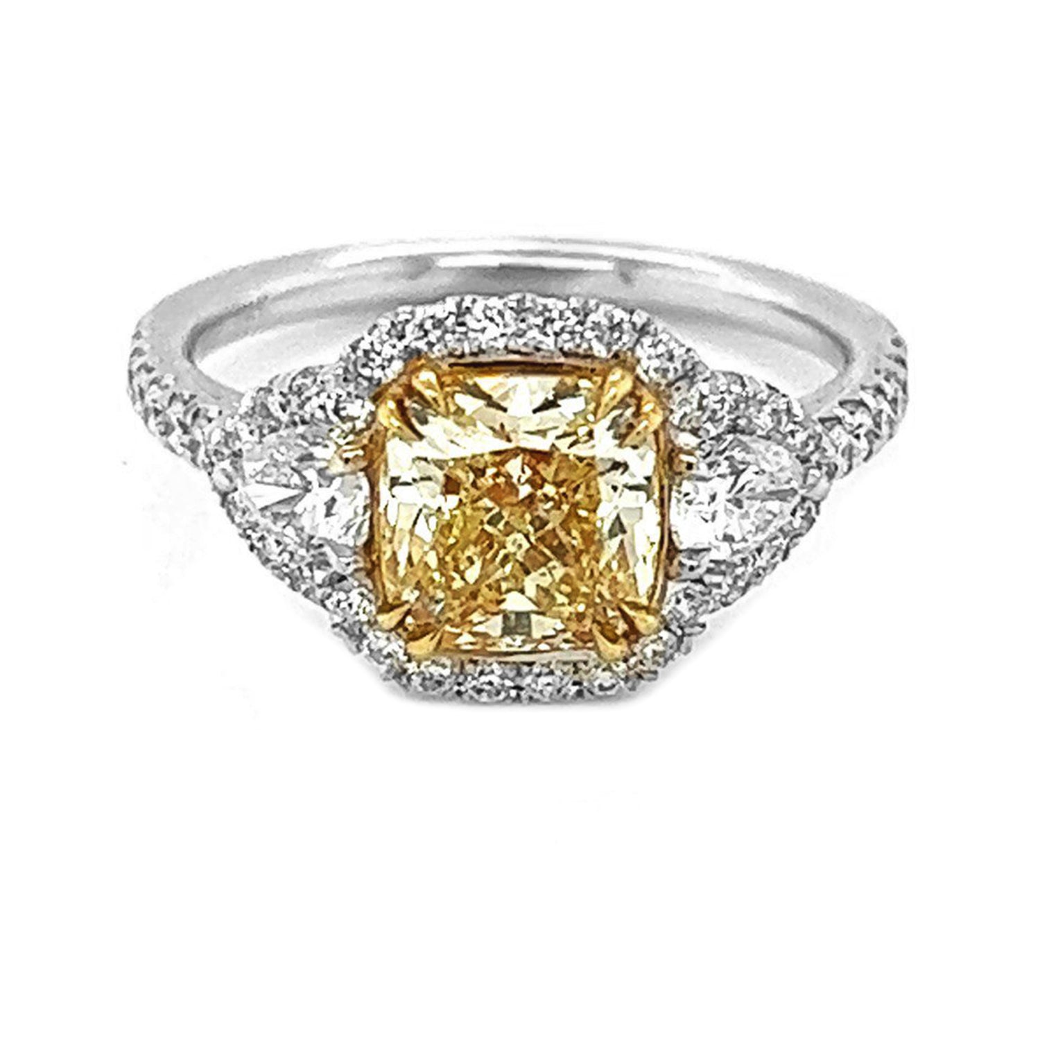 2.52 Carat Natural Mined GIA Certified Diamond Cushion Fancy Yellow 18KT White Gold