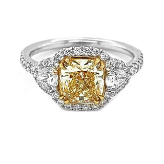 Natural Mined Cushion Cut Fancy Yellow Diamond Halo 3 Stone Ring White Gold GIA Certified