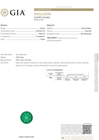 3.69 Carat Round Cut F1 Zambian Emerald GIA 2231440043