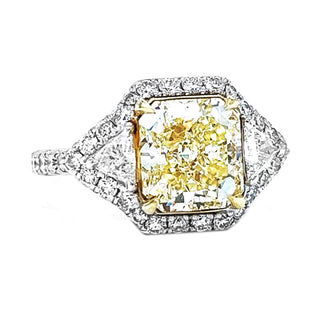 Natural Mined Radiant Cut Fancy Yellow with Triangle Cut Diamond Halo Ring GIA Certified