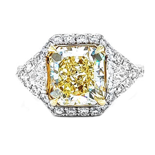 Natural Mined Radiant Cut Fancy Yellow with Triangle Cut Diamond Halo Ring GIA Certified