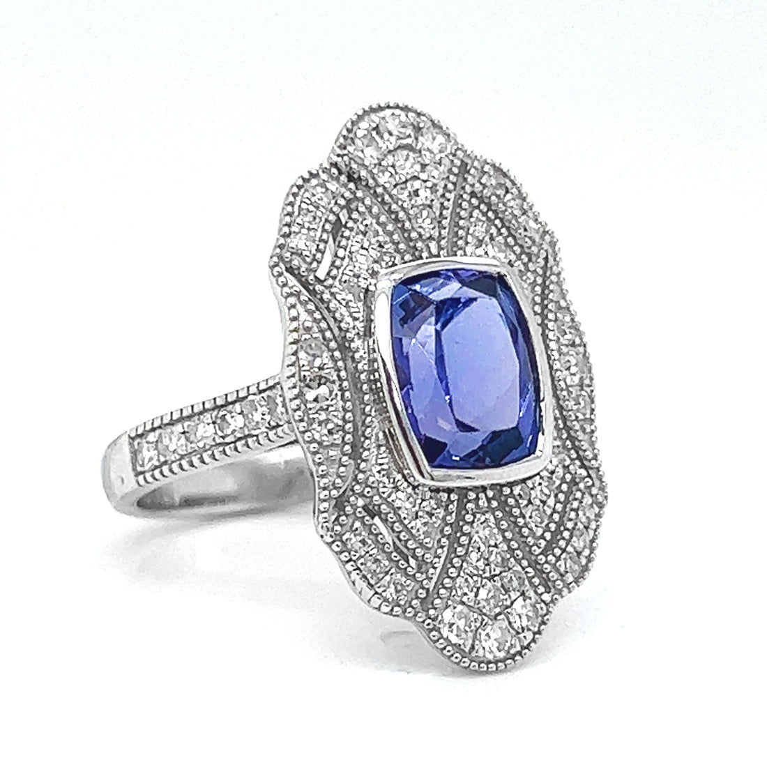 Natural Tanzanite and Natural Mined Diamond Art Deco White Gold Cocktail Ring