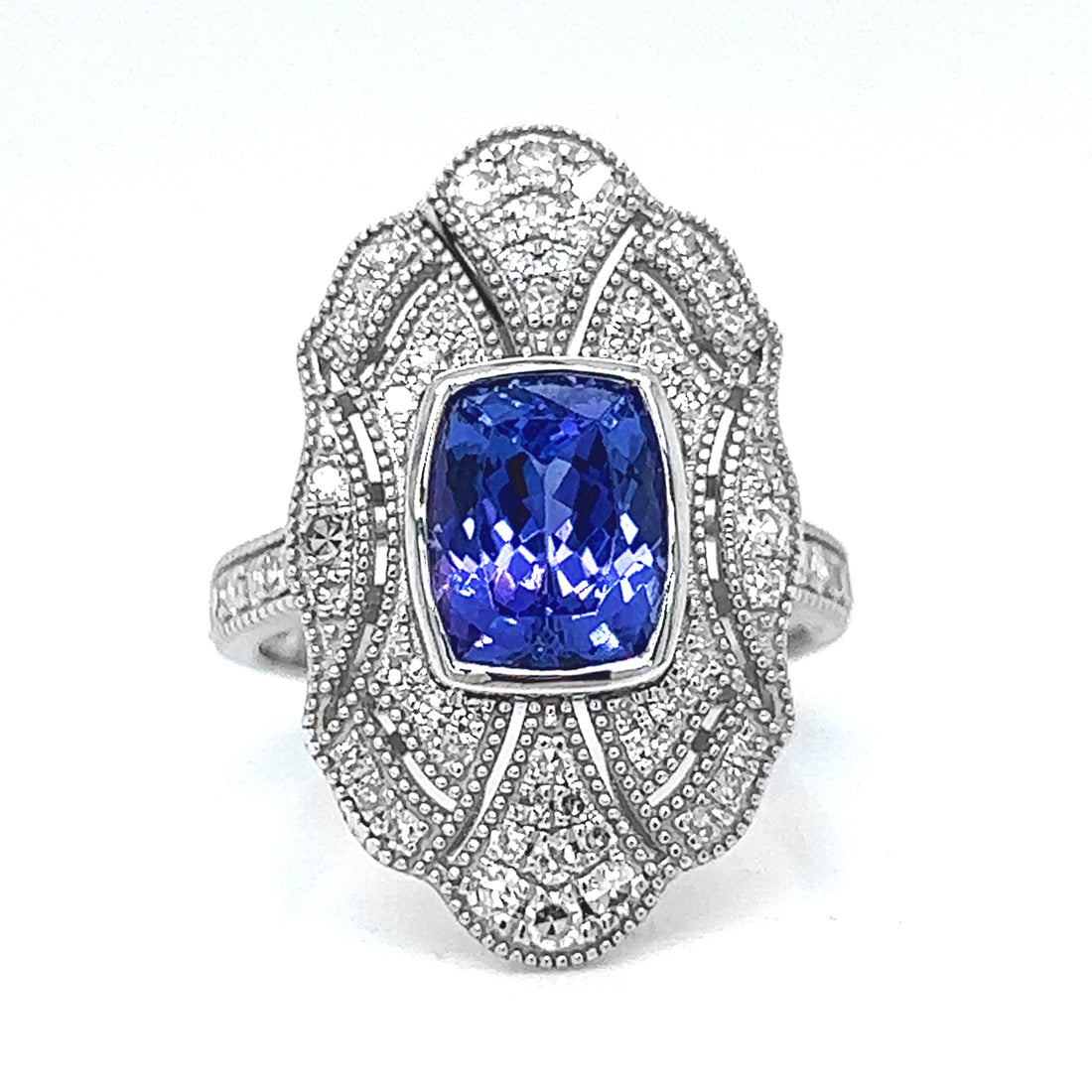 Natural Tanzanite and Natural Mined Diamond Art Deco White Gold Cocktail Ring