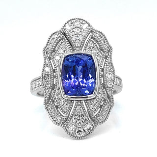 Natural Tanzanite and Natural Mined Diamond Cocktail Ring, in White Gold