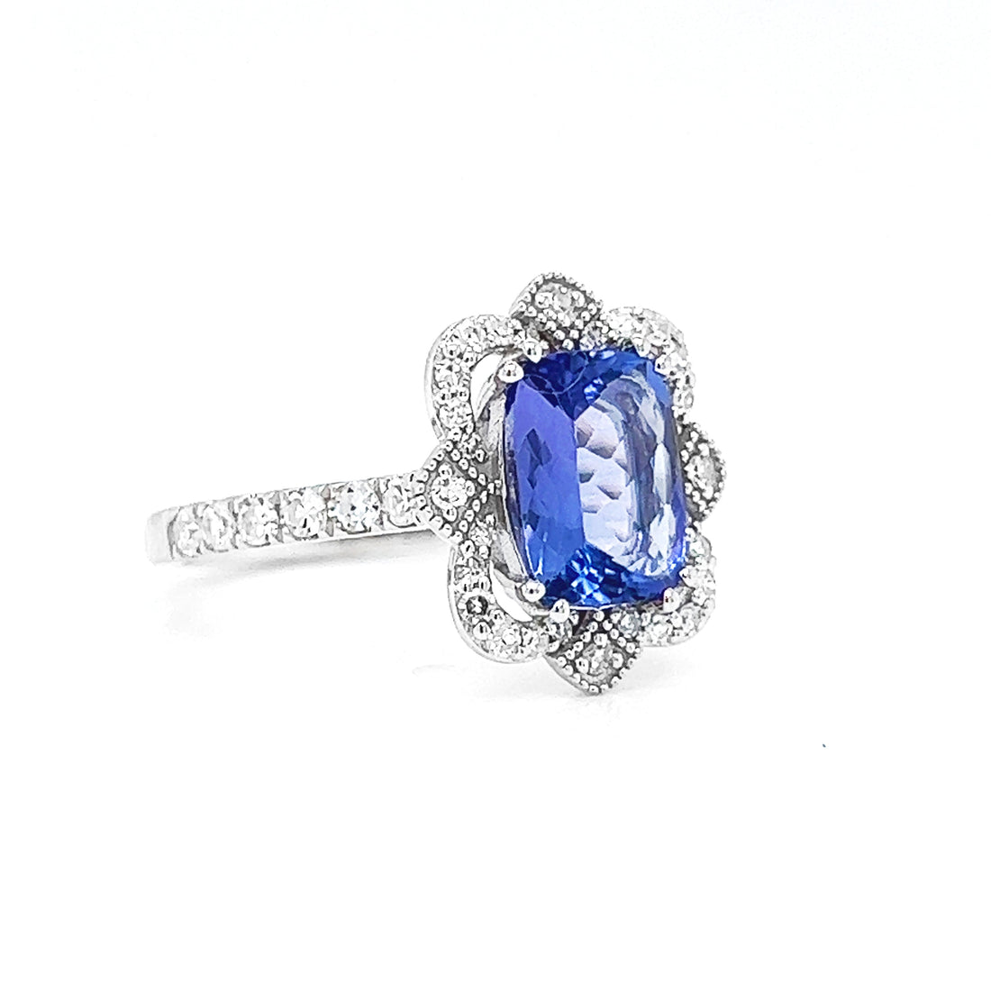 Natural Tanzanite and Natural Mined Diamond Art Deco White Gold Cocktail Ring